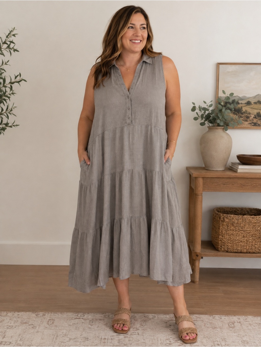 Jane + Delancey Blue and White Striped Tiered Maxi Dress Size XL